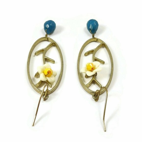 Flowery Drop Earrings W/Blue Stone Women's Jewerly - Picture 5 of 5